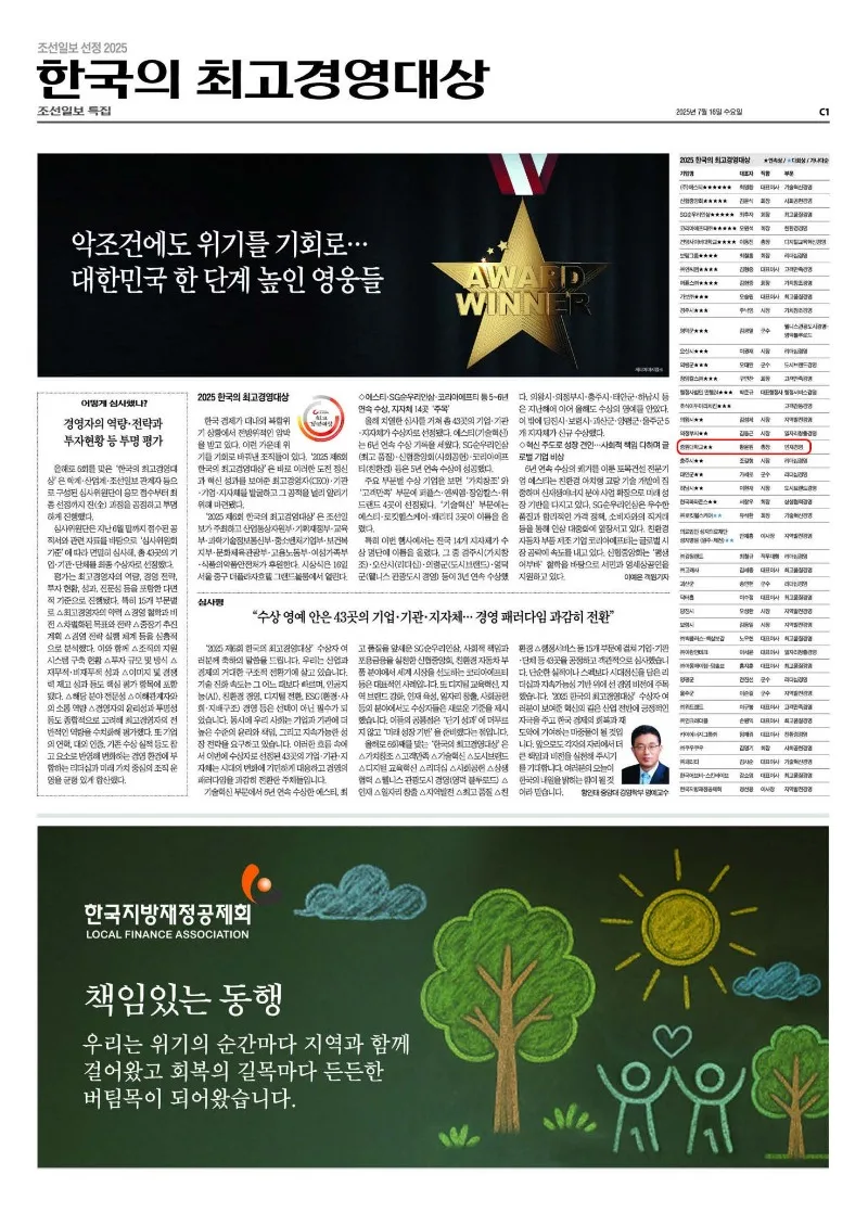 조선일보 2025년 7월 16일자 「2025 한국의 최고경영대상」 특집 지면. 수상 명단에 중원대학교(황윤원 총장, 인재경영 부문)가 표시되어 있음